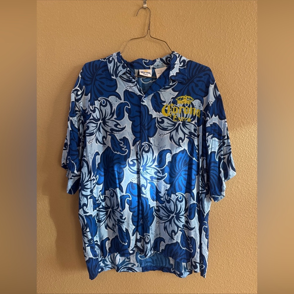 Corona Extra Men Collared Rayon Shirt Blue Yellow Hawaiian Vacation Beer L